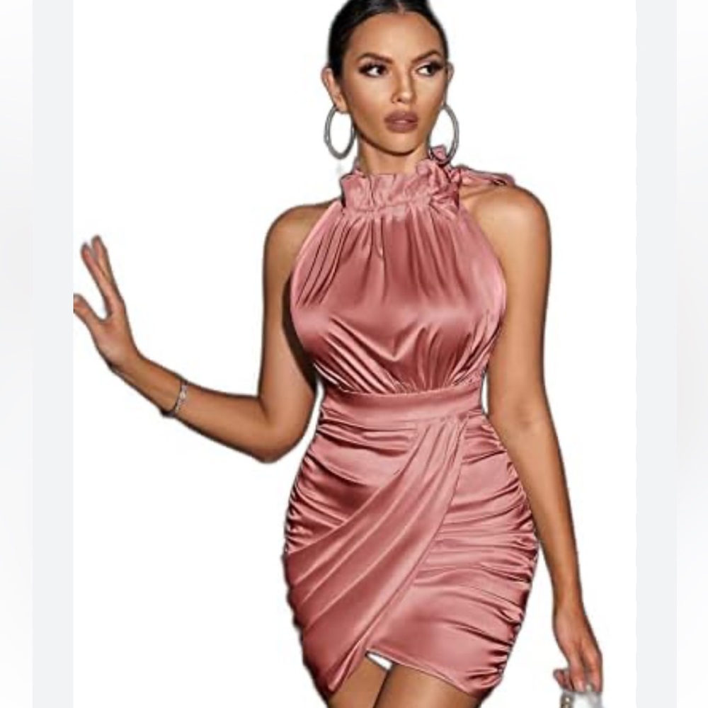 Satin Rose Pink Cocktail Dress with scrunch finish size Medium